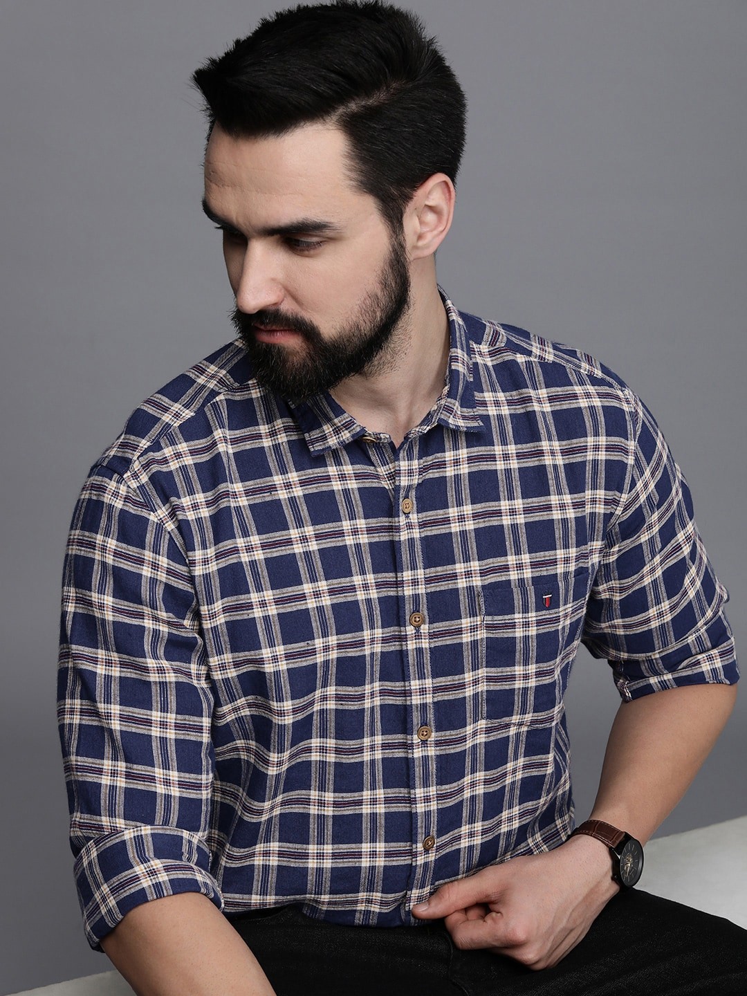

Louis Philippe Jeans Slim Fit Checked Cotton Linen Casual Shirt, Navy blue