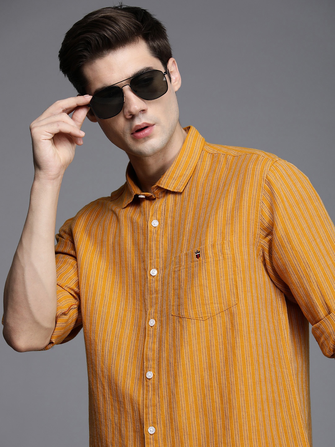 

Louis Philippe Jeans Slim Fit Striped Cotton Linen Casual Shirt, Mustard