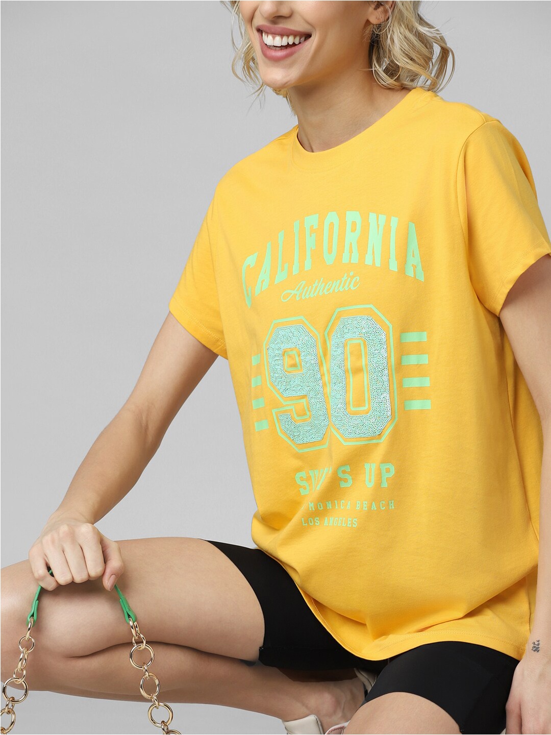

ONLY Women Typography Printed Onlotter Algona SS JRS Cotton T-shirt, Yellow