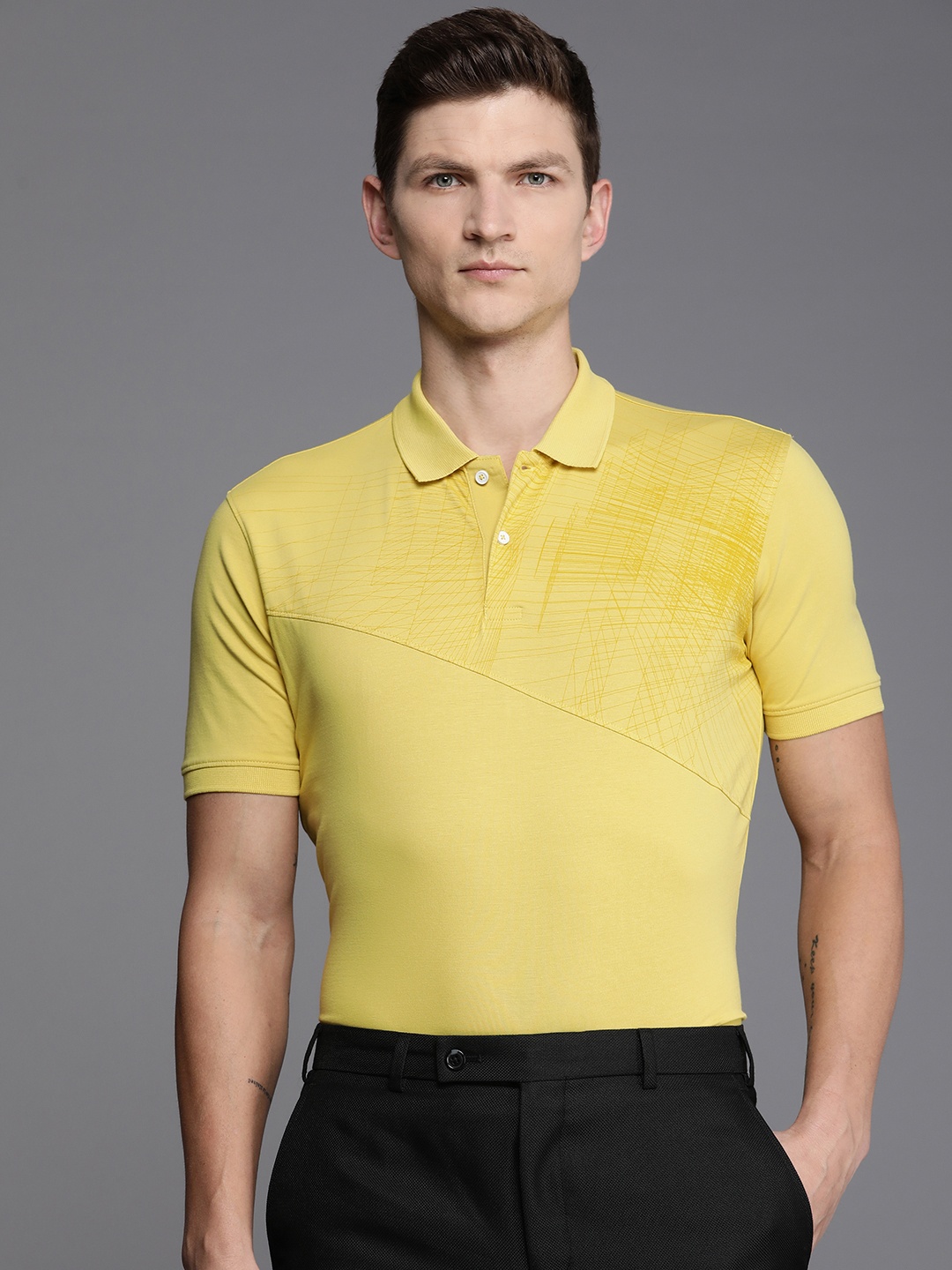 

Louis Philippe Ath.Work Geometric Printed Polo Collar Slim Fit T-shirt, Yellow