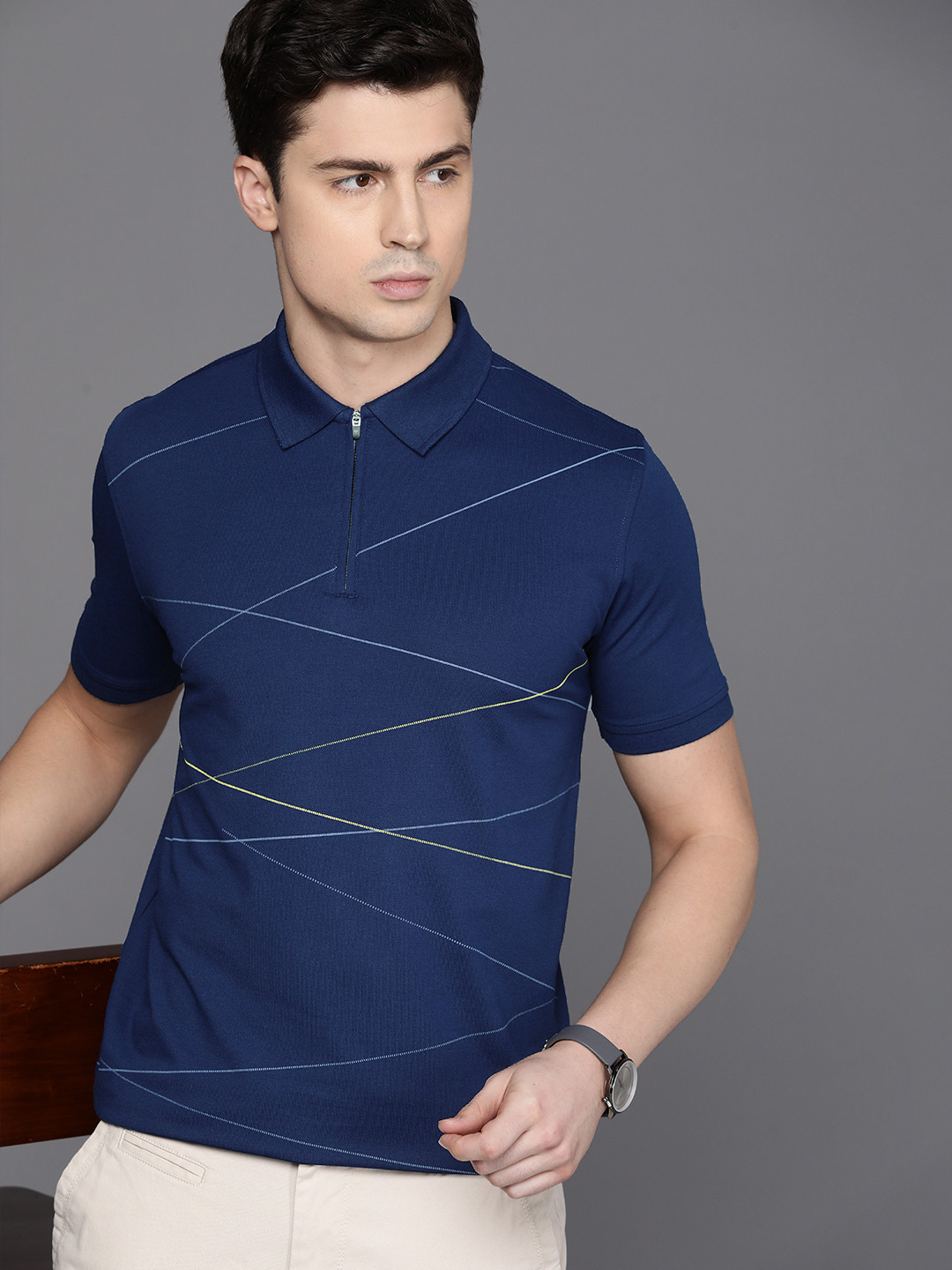 

Louis Philippe Ath Work Striped Polo Collar Slim Fit T-shirt, Navy blue