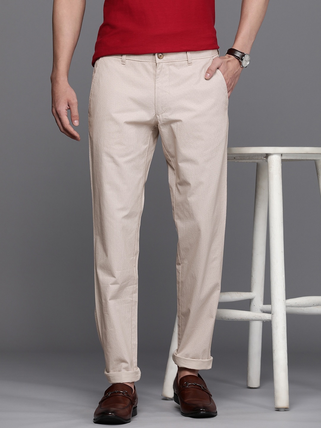 

Louis Philippe Sport Men Micro Ditsy Printed Slim Fit Chinos Trousers, Khaki