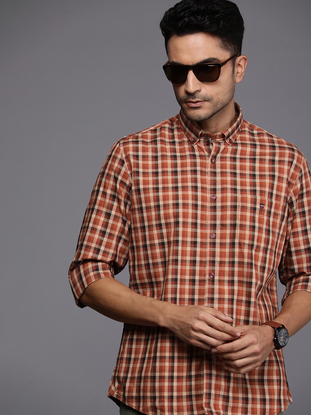 

Louis Philippe Sport Men Pure Cotton Slim Fit Gingham Checked Casual Shirt, Beige