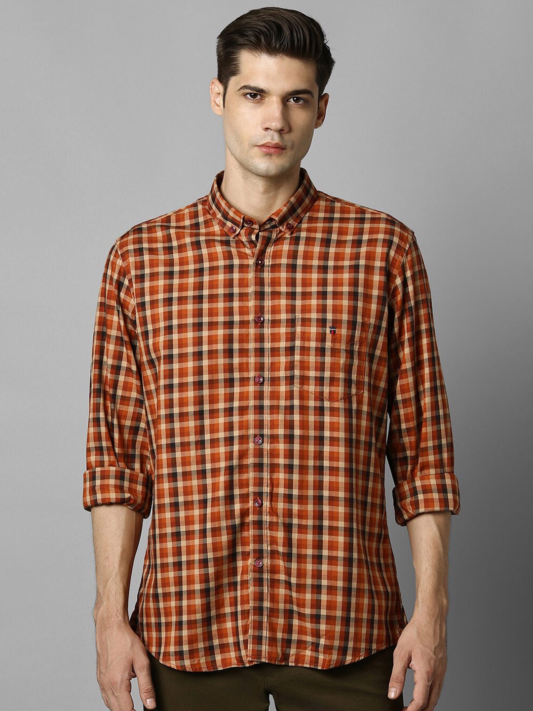 

Louis Philippe Sport Slim Fit Grid Tattersall Checks Pure Cotton Casual Shirt, Orange