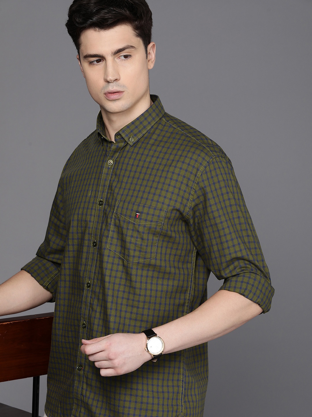 

Louis Philippe Sport Pure Cotton Slim Fit Checked Casual Shirt, Olive