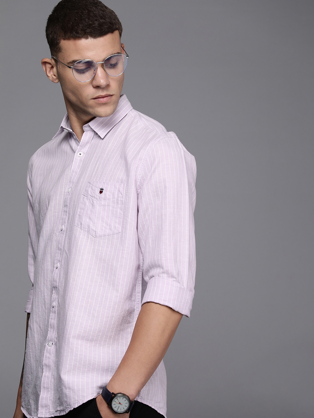 

Louis Philippe Sport Slim Fit Cotton-Hemp Striped Casual Shirt, Lavender