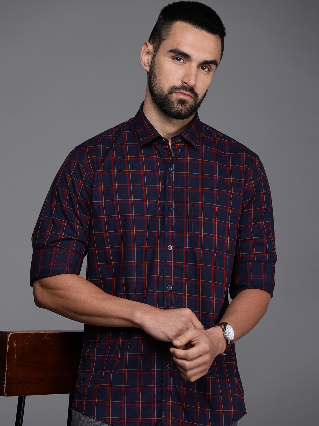 

Louis Philippe Sport Slim Fit Checked Pure Cotton Casual Shirt, Navy blue