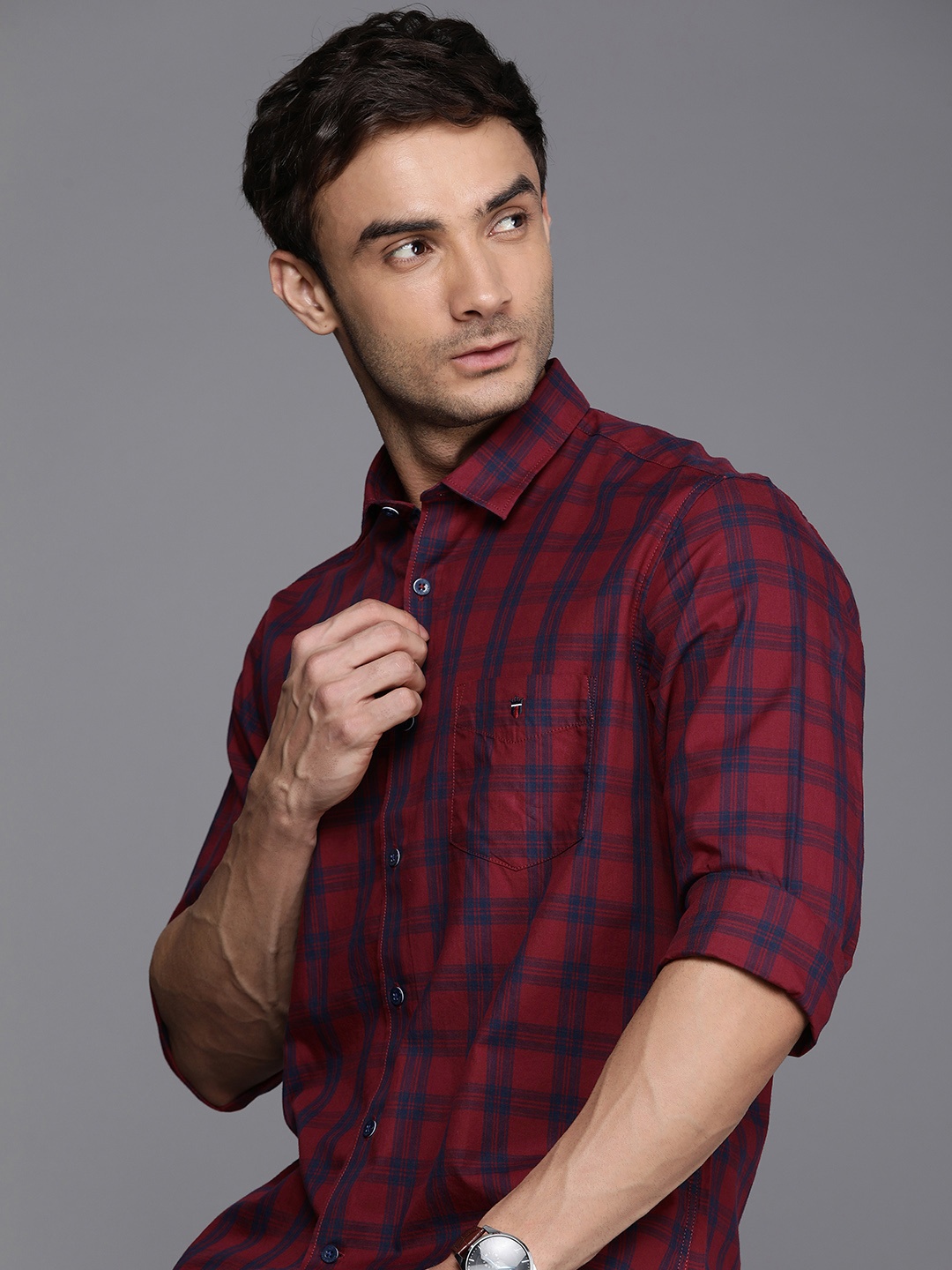 

Louis Philippe Sport Pure Cotton Slim Fit Checked Casual Shirt, Maroon