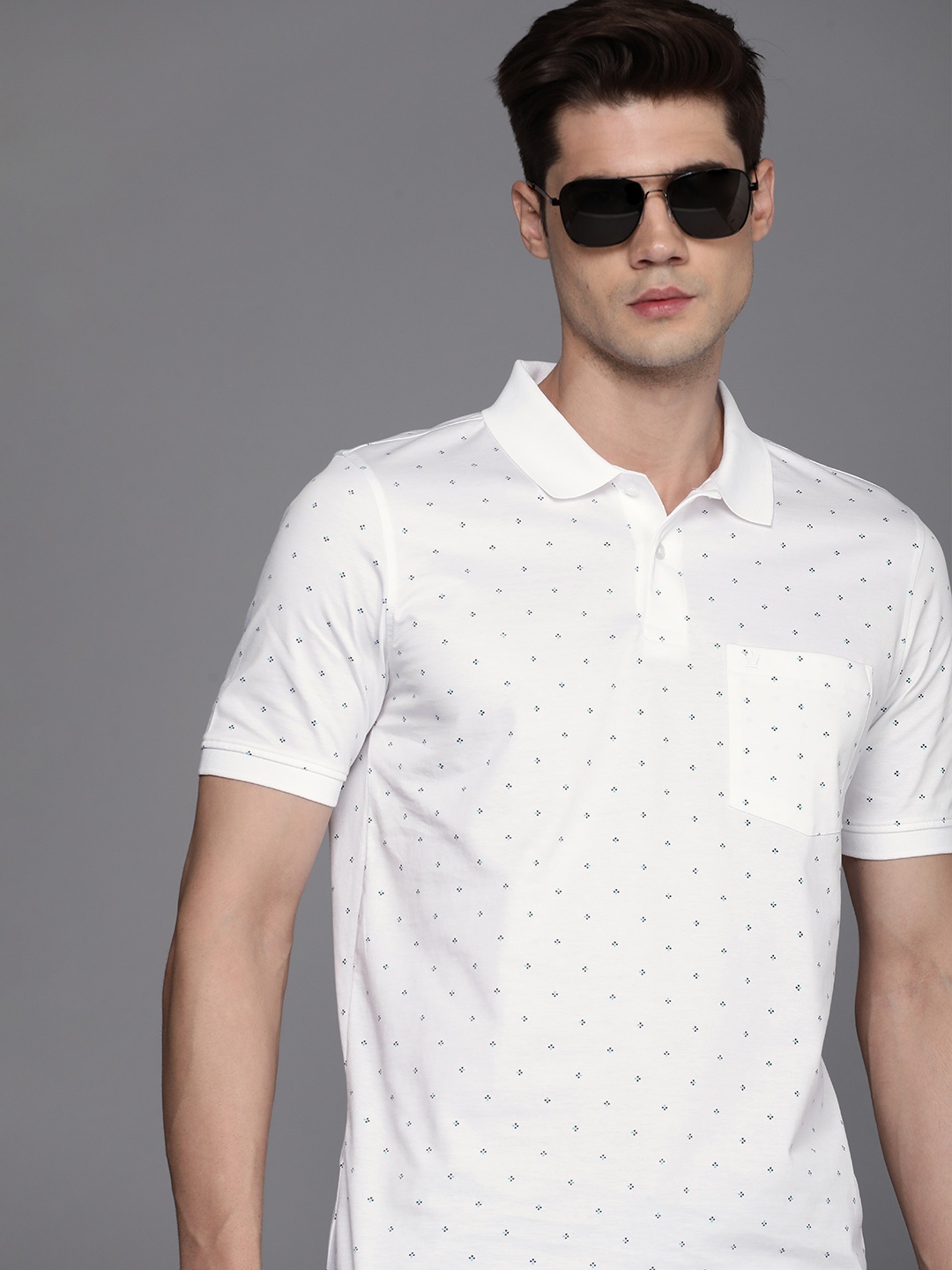 

Louis Philippe Geometric Printed Polo Collar Pure Cotton T-shirt With Chest Pocket Detail, White