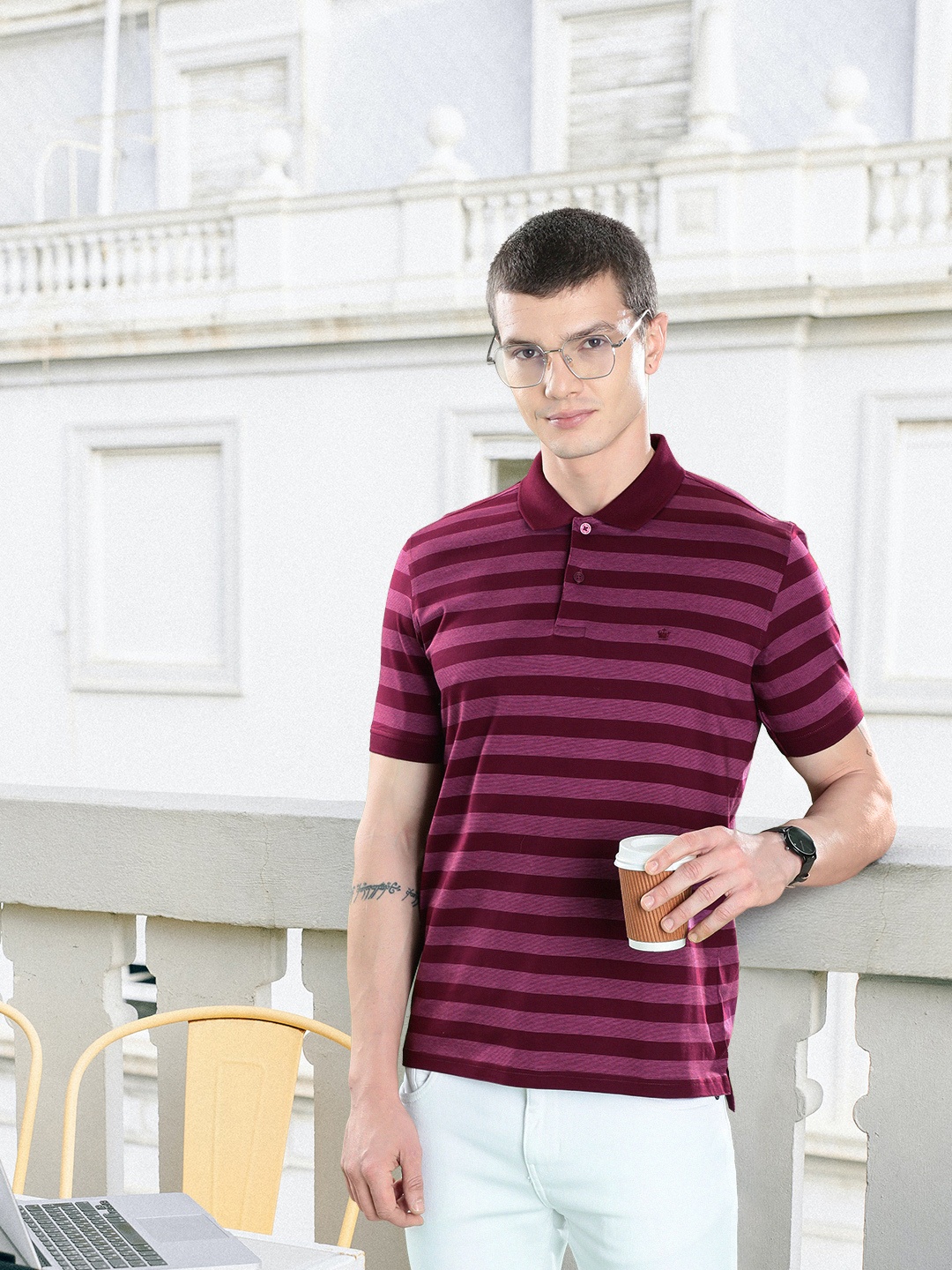 

Louis Philippe Striped Polo Collar Pure Cotton T-shirt, Purple