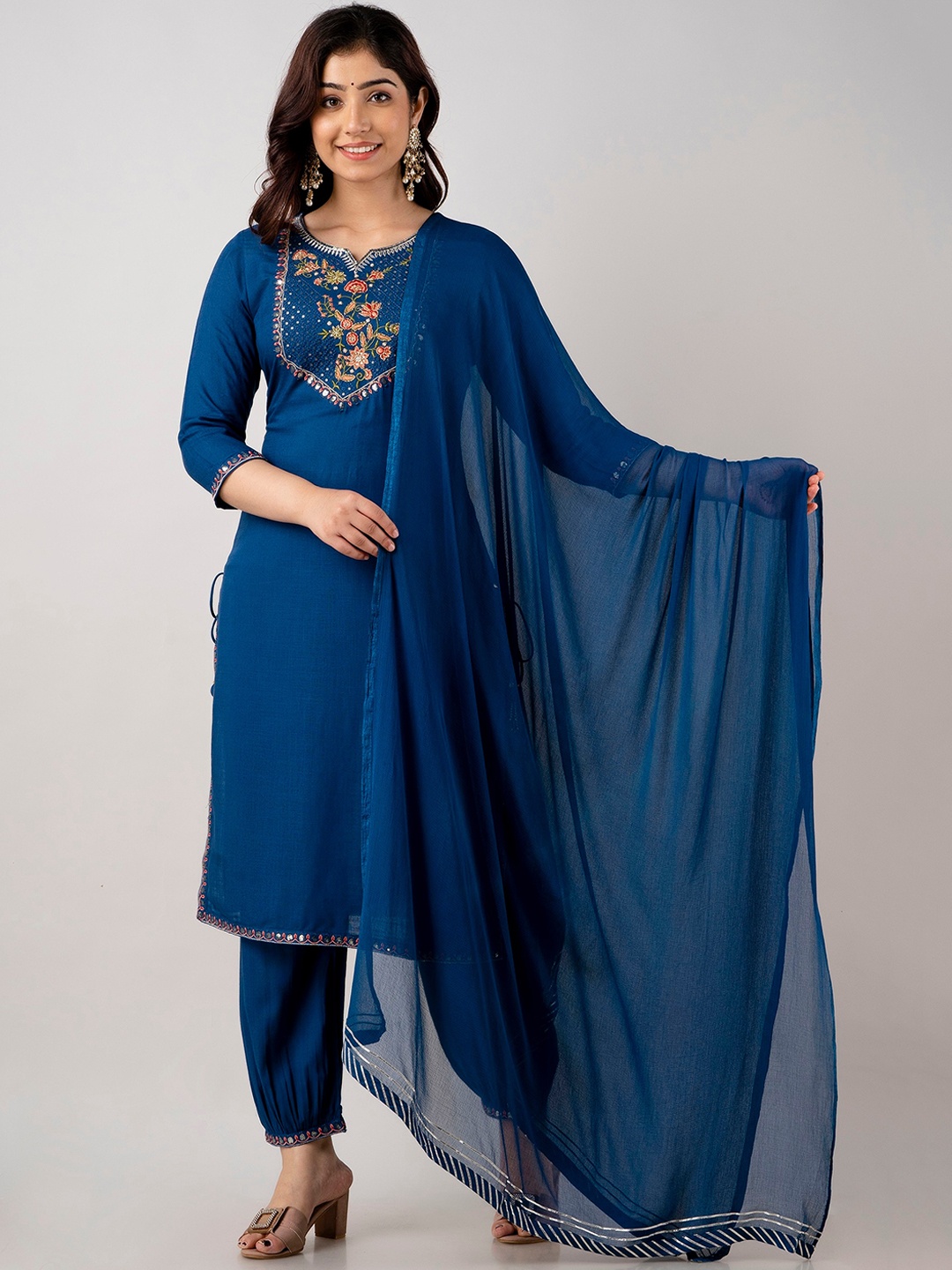 

CKM Notched Neck Floral Embroidered Sequinned Kurta with Salwar & Dupatta, Blue