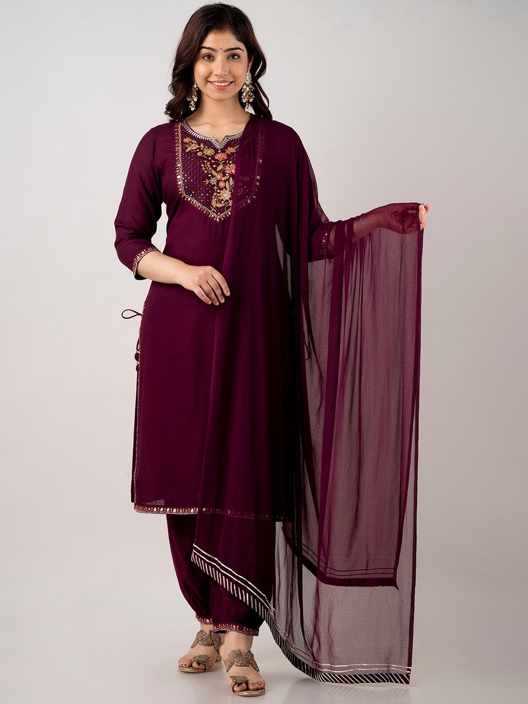 

CKM Floral Embroidered Sequinned Kurta with Salwar & Dupatta, Burgundy