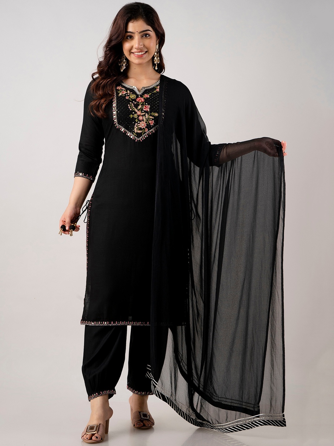 

CKM Floral Embroidered Sequined Kurta with Trousers & Dupatta, Black