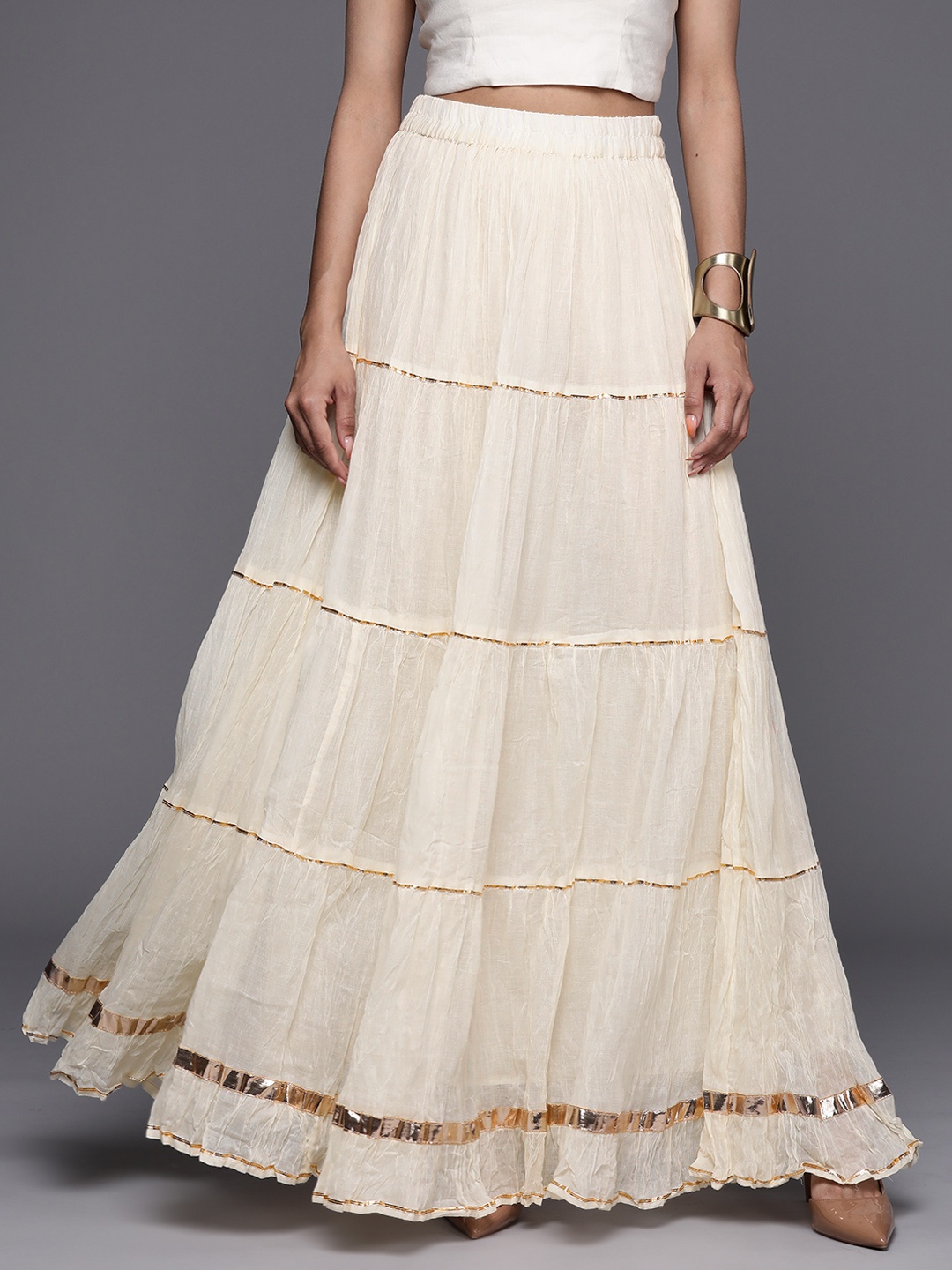 

Varanga Tiered Maxi Ethnic Skirt With Gotta Patti Detail, Off white