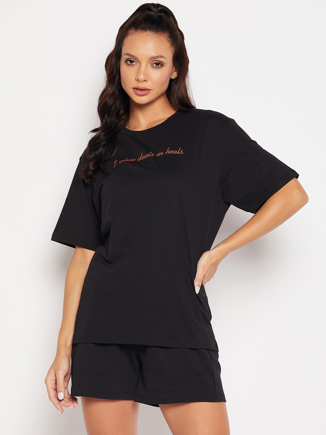 

EDRIO Printed Pure Cotton Short Sleeves T-Shirt With Shorts Co-Ords, Black