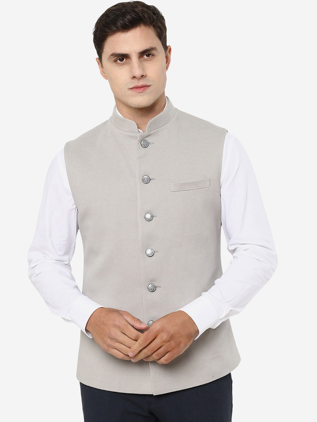 

Greenfibre Mandarin Collar Sleeveless Nehru Jackets, Grey