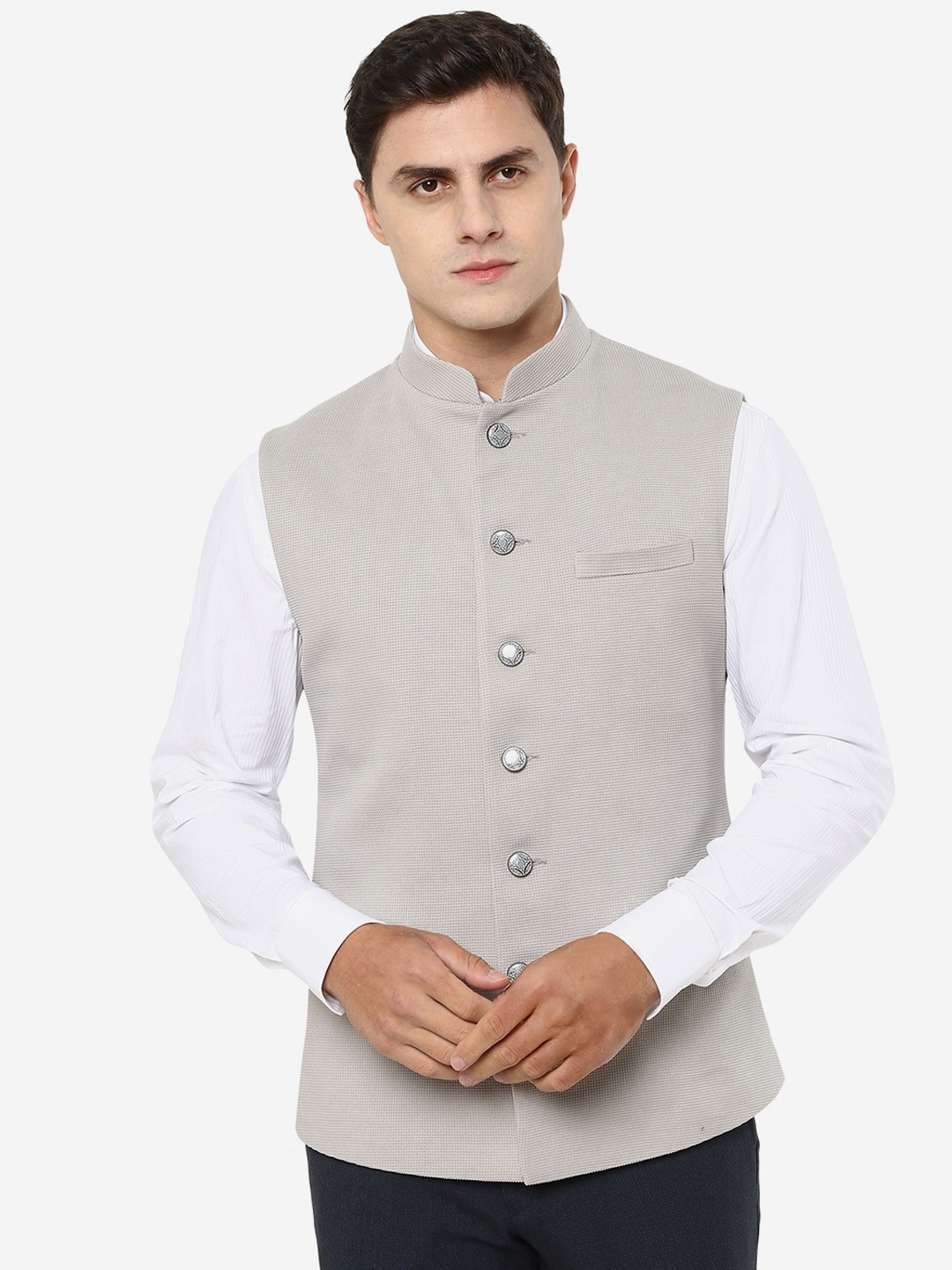 

Greenfibre Mandarin Collar Sleeveless Nehru Jackets, Grey