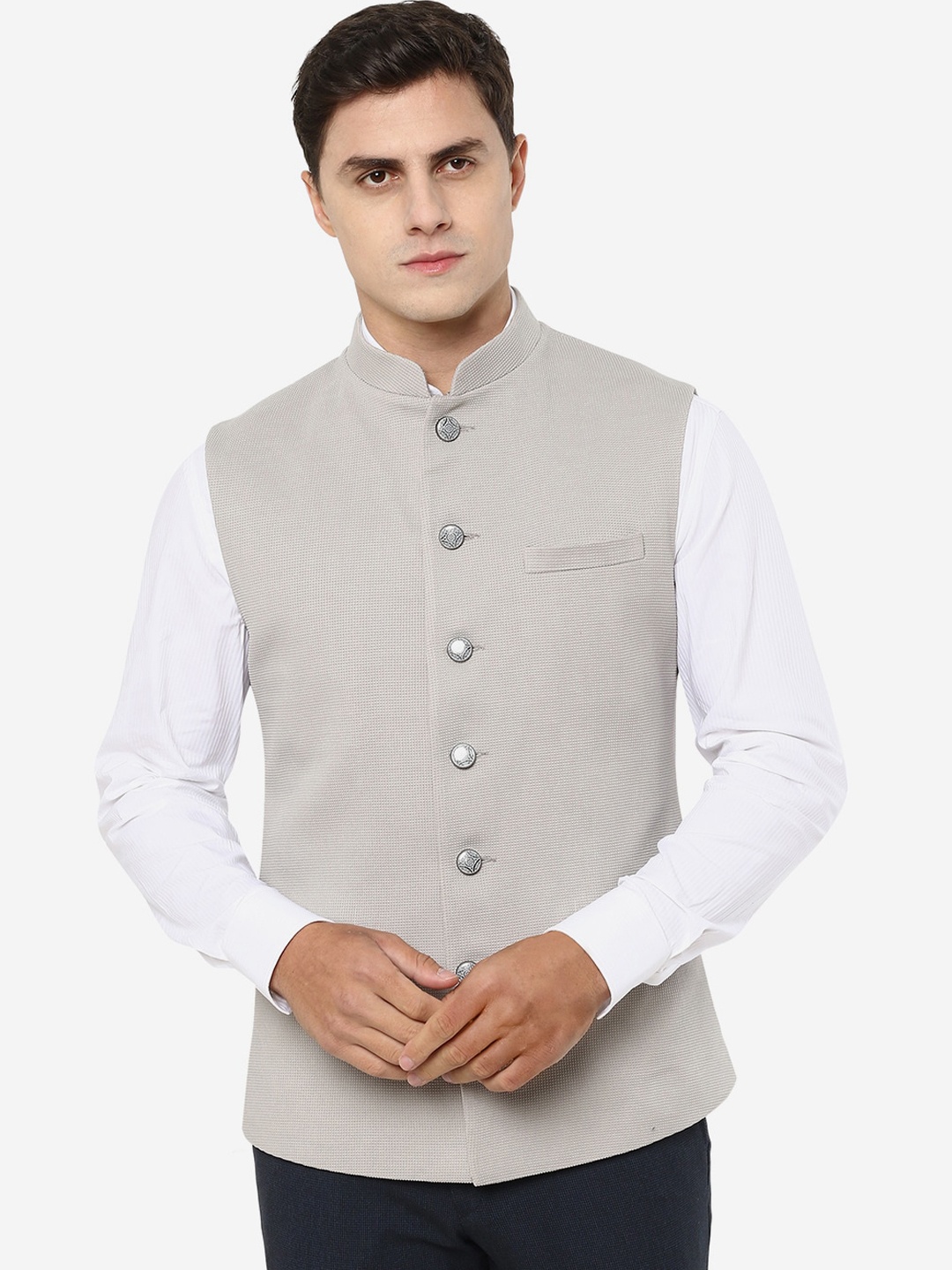 

Greenfibre Mandarin Collar Sleeveless Nehru Jackets, Grey