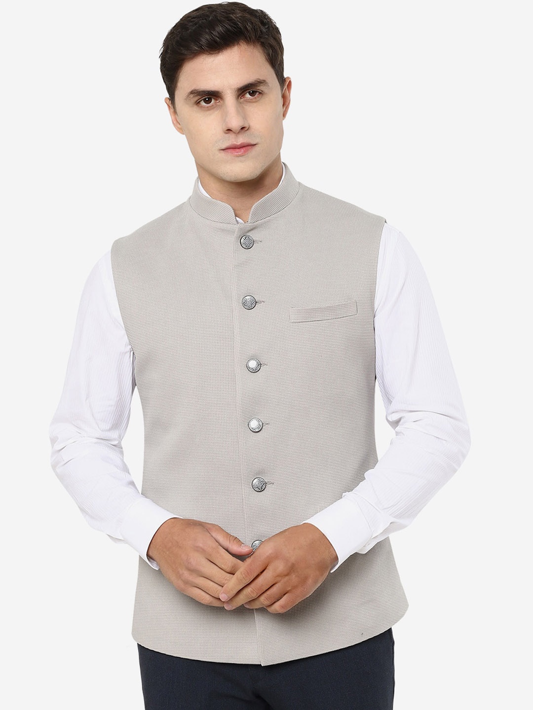 

Greenfibre Mandarin Collar Sleeveless Nehru Jackets, Grey