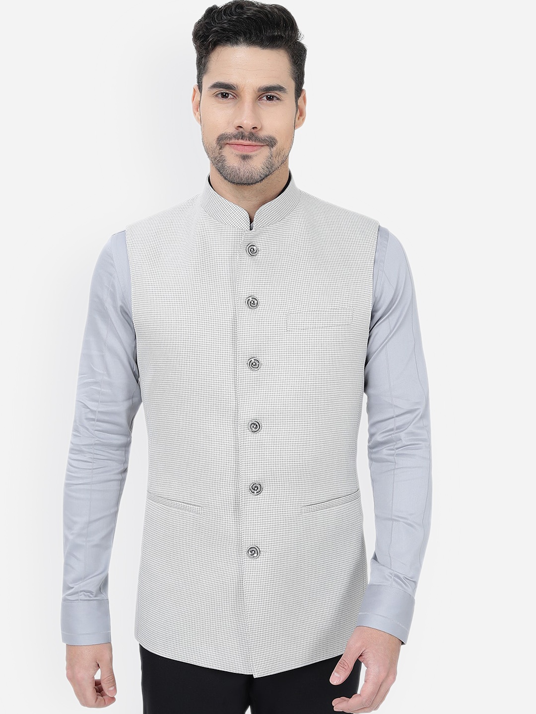 

MODI JACKET Woven Design Mandarin Collar Sleeveless Nehru Jackets, Off white