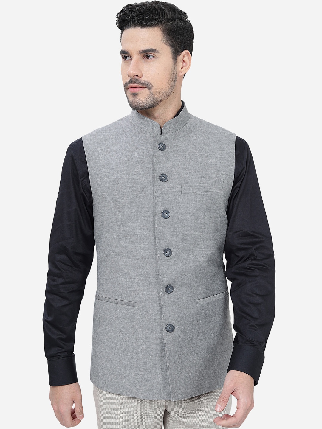 

MODI JACKET Mandarin Collar Sleeveless Nehru Jacket, Grey