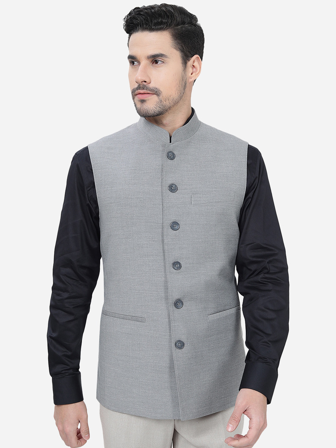 

MODI JACKET Mandarin Collar Sleeveless Nehru Jackets, Grey