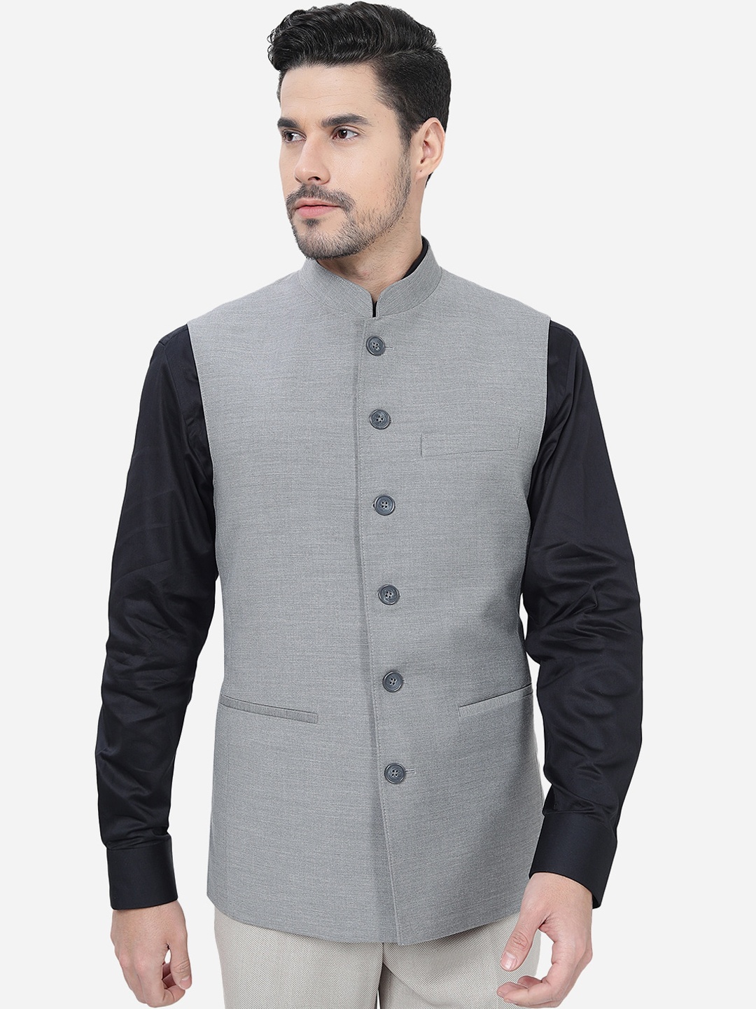

MODI JACKET Mandarin Collar Sleeveless Nehru Jacket, Grey