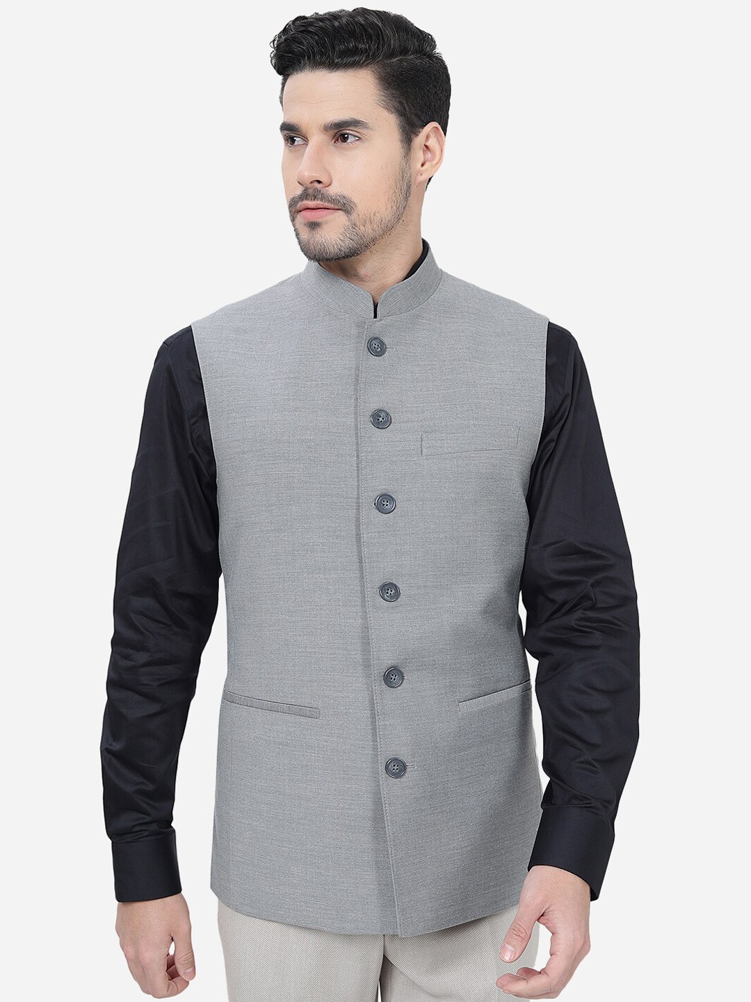 

MODI JACKET Mandarin Collar Sleeveless Nehru Jacket, Grey