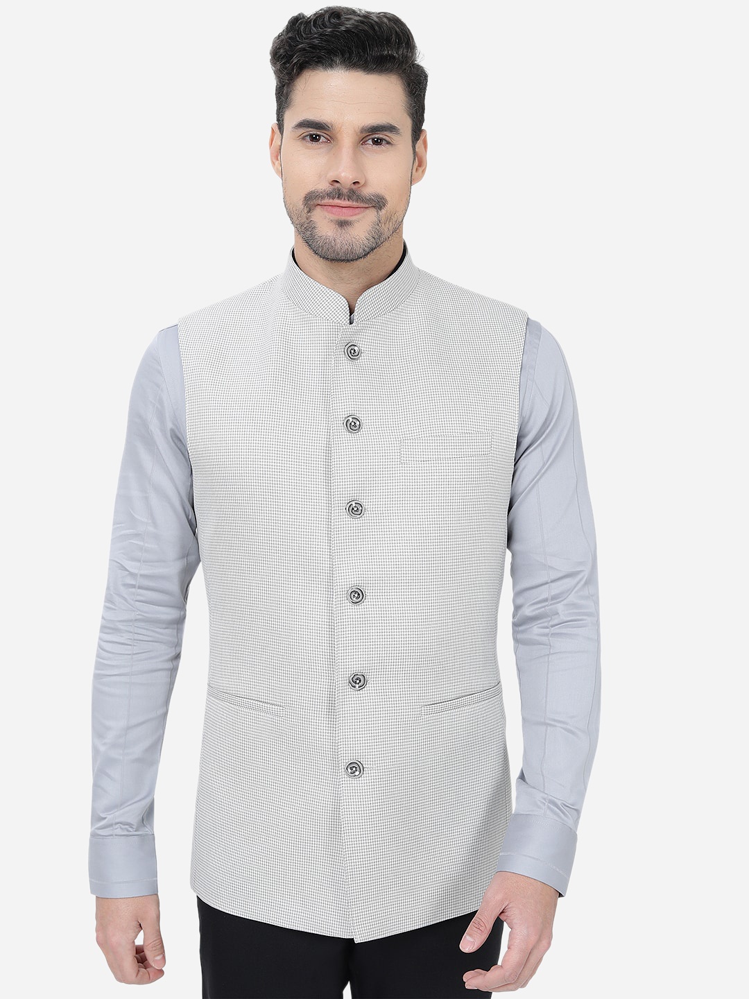 

MODI JACKET Woven Design Mandarin Collar Sleeveless Nehru Jackets, Off white