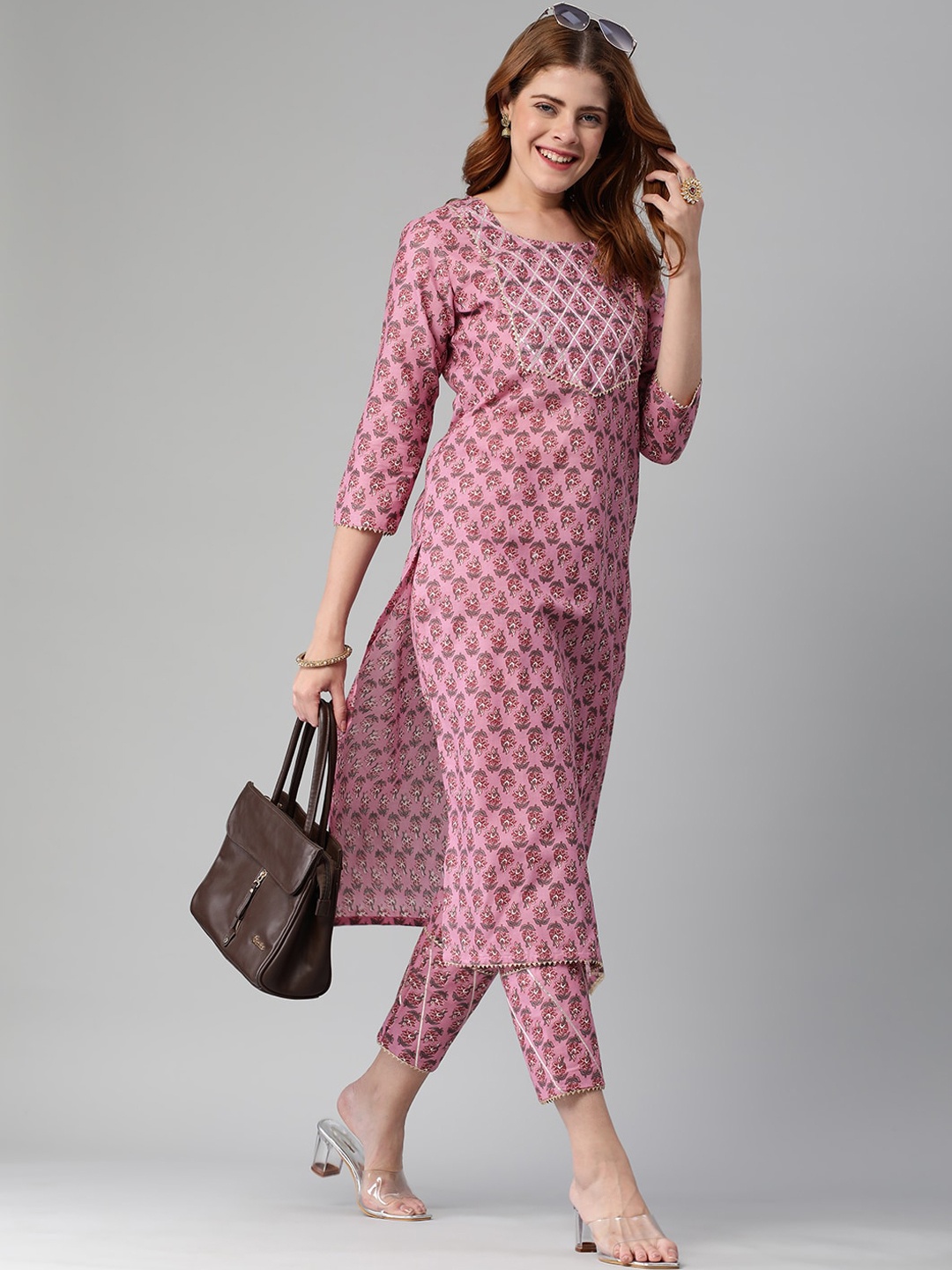 

KALINI Floral Printed Gotta Patti Kurta with Trousers, Pink