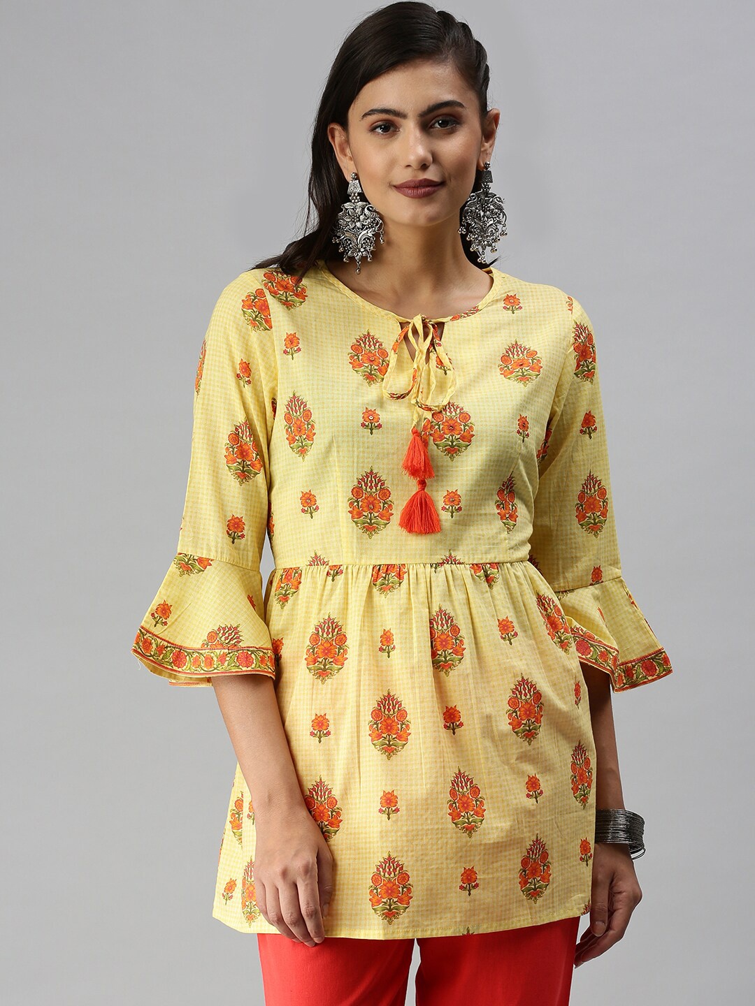 

SHOWOFF Ethnic Motifs Printed Tie-Up Neck Empire Kurti, Yellow