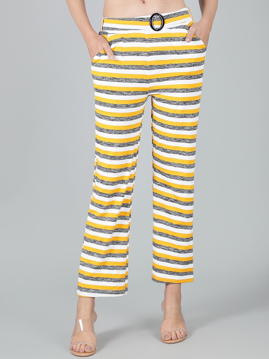 

Sonex Gold Women Striped Straight Fit Cotton Trousers, Yellow