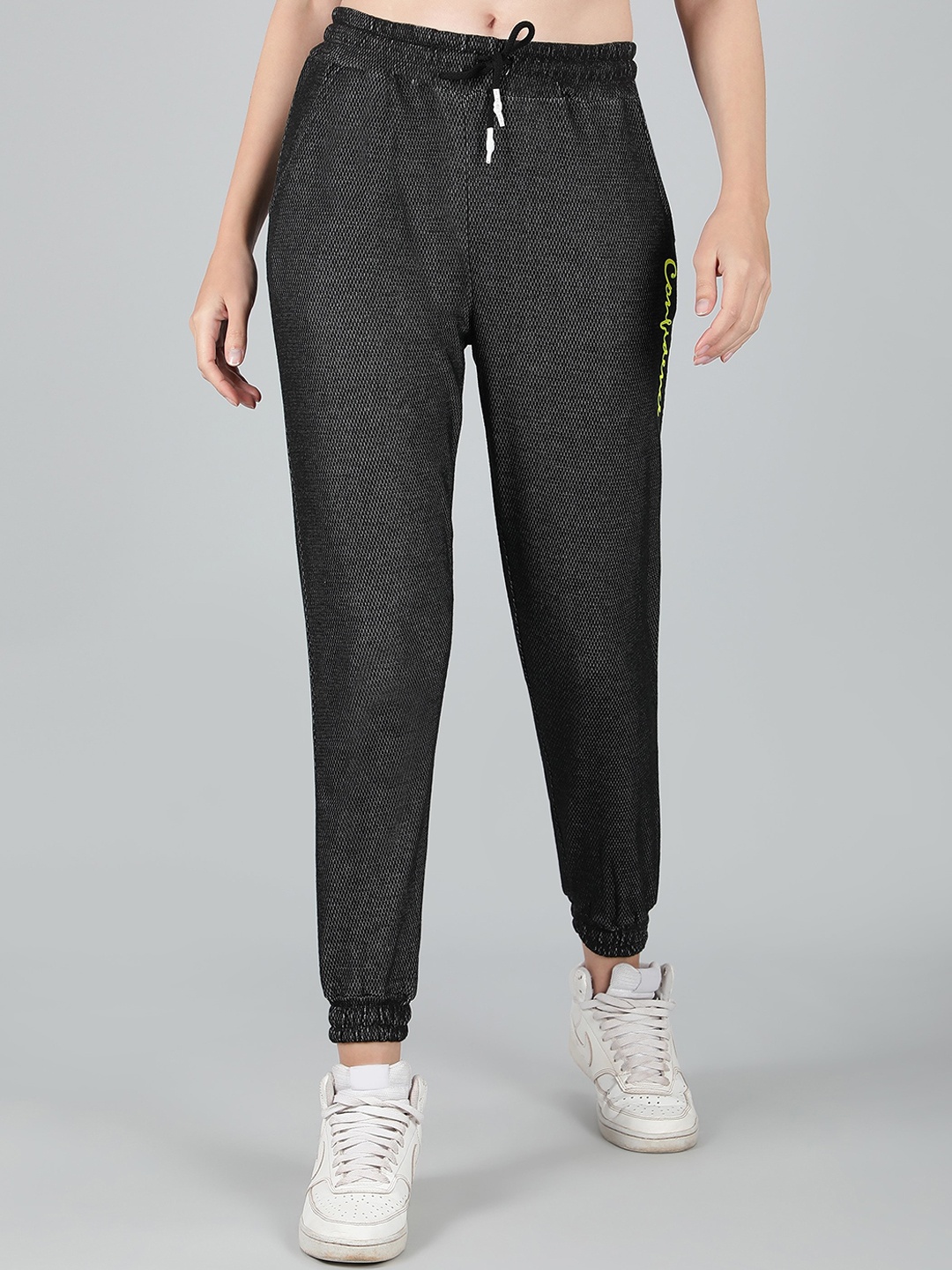 

Sonex Gold Women Mid-Rise Print Detailed Joggers, Black