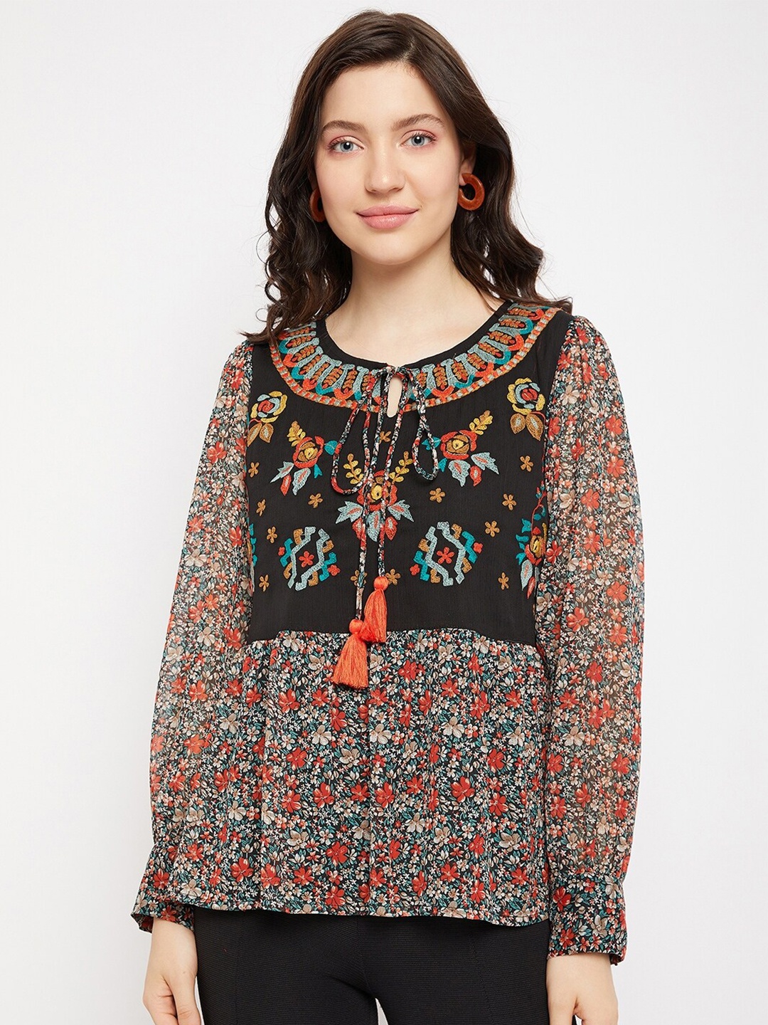 

Antheaa Floral Printed Tie-Up Neck Puff Sleeves Embroidered A-Line Top, Black