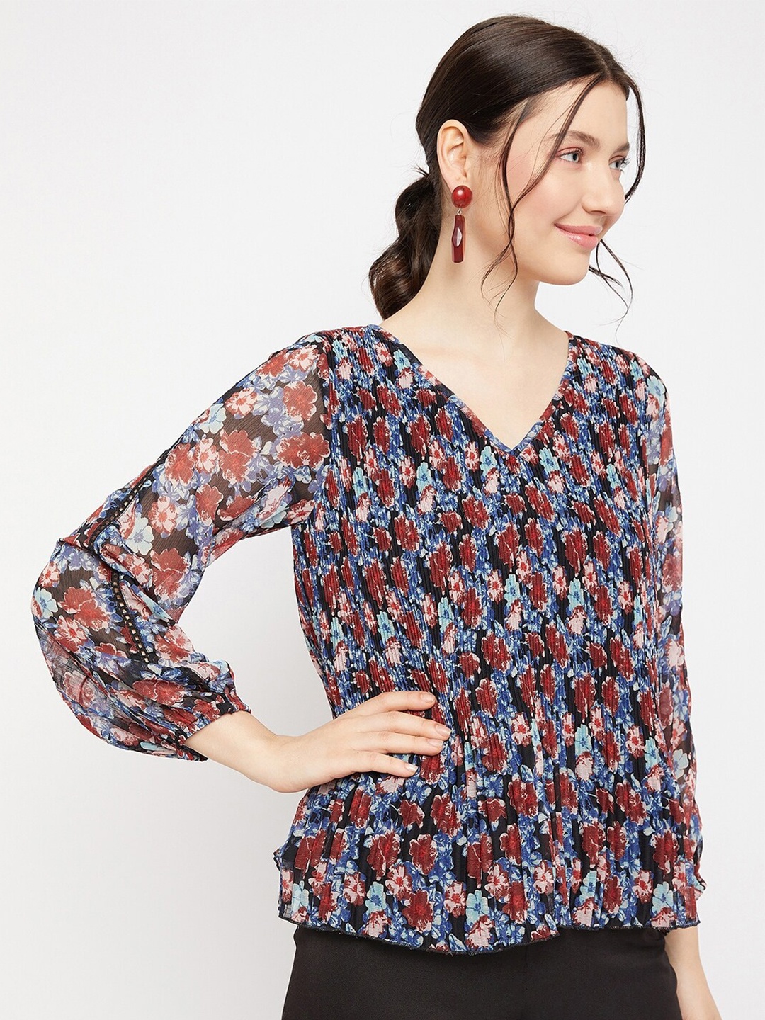 

Antheaa Floral Print V-Neck Puff Sleeve Chiffon Top, Red