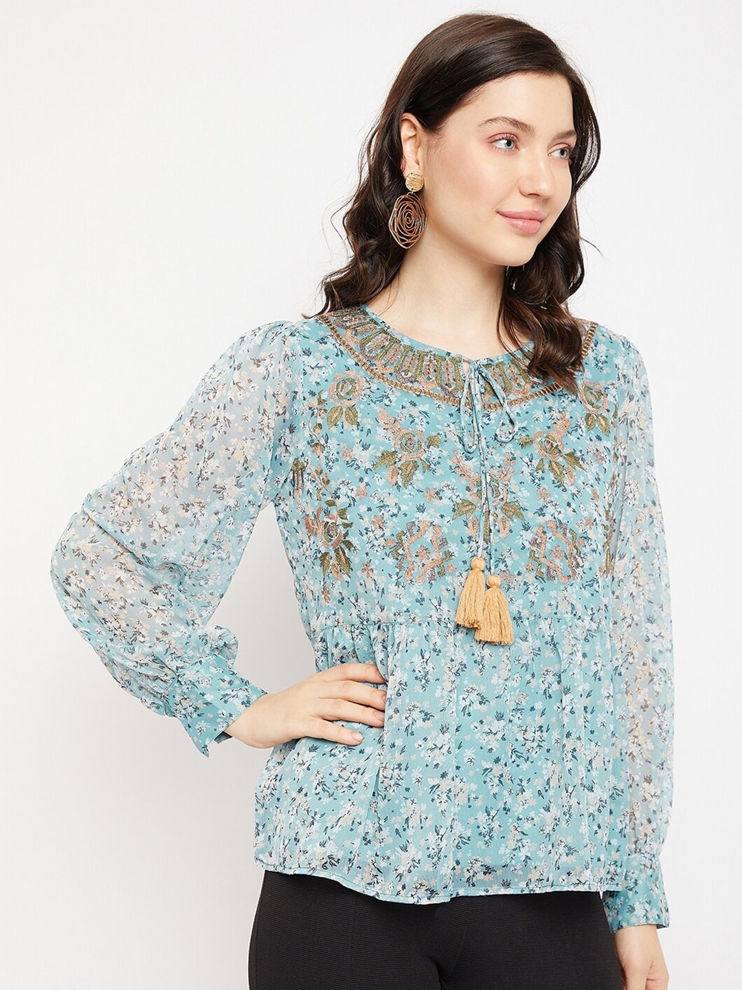 

Antheaa Floral Print Tie-Up Neck Chiffon Top, Blue