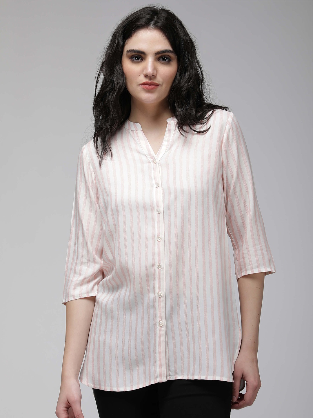 

IDK Mandarin Collar Striped Shirt Style Top, White