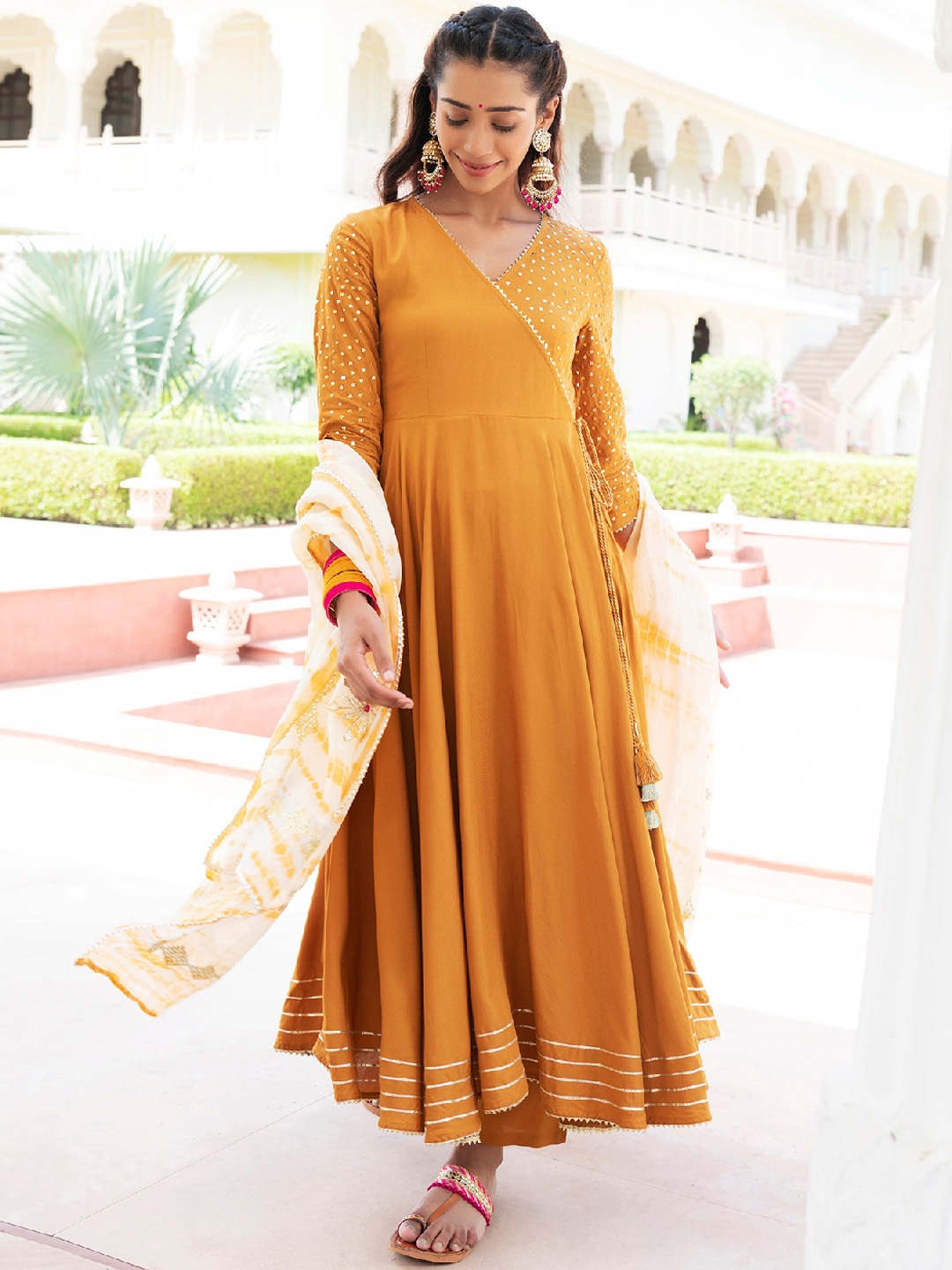 

EverBloom Angrakha Sequinned Kurta with Trousers & Dupatta, Mustard