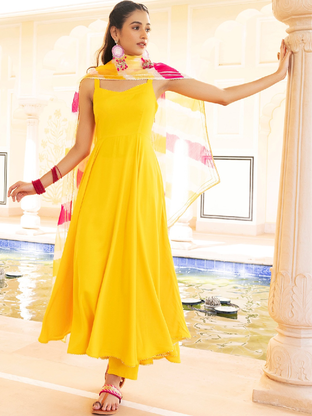 

EverBloom Sleeveless Gotta Patti Anarakli Kurta with Trousers & Dupatta, Yellow