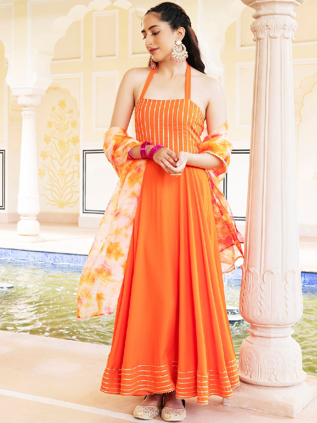 

EverBloom Halter Neck Anarkali Kurta with Trousers & Dupatta, Orange