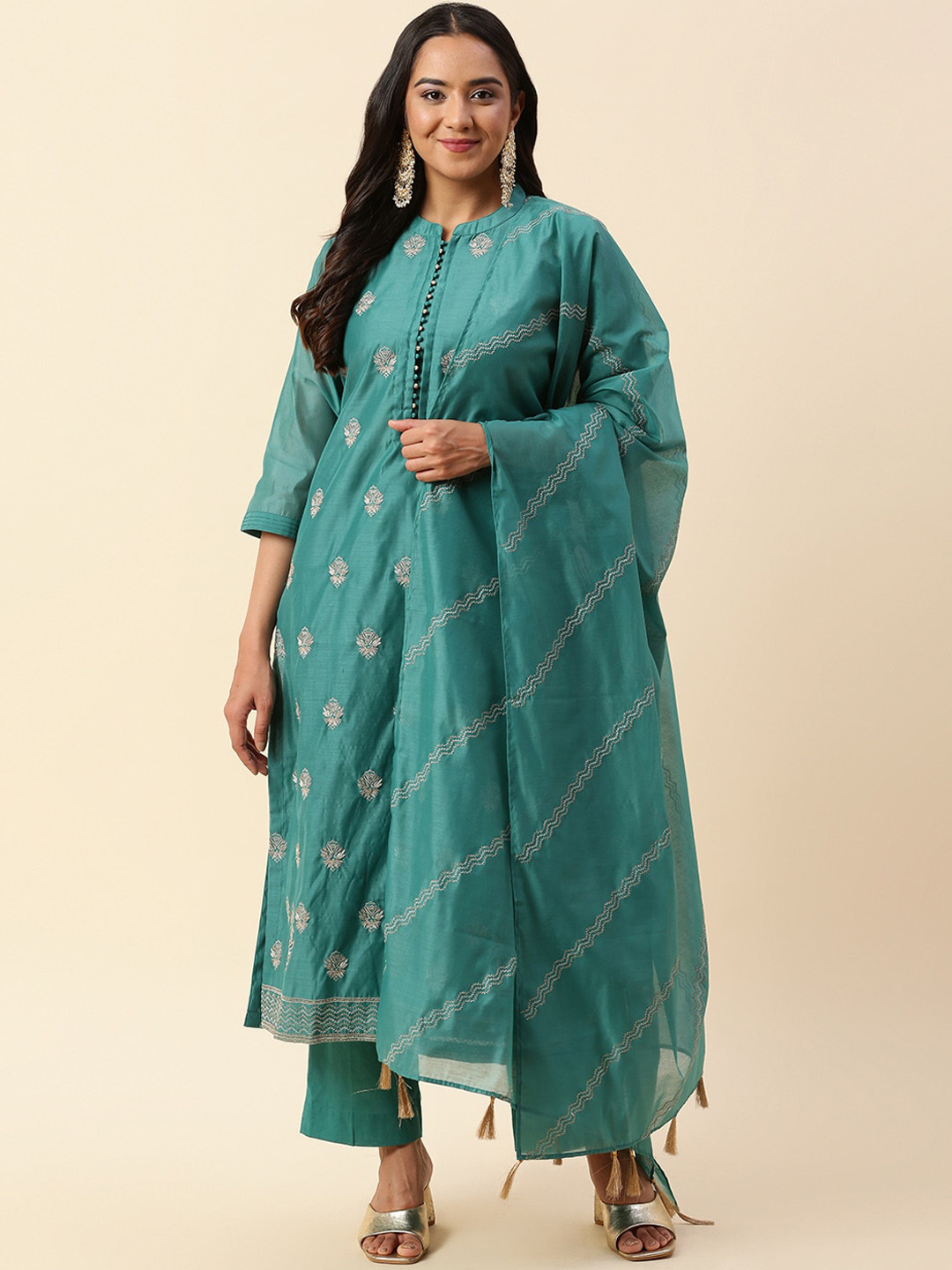 

Meena Bazaar Ethnic Motifs Embroidered Zari Straight Kurta with Trousers & Dupatta, Sea green
