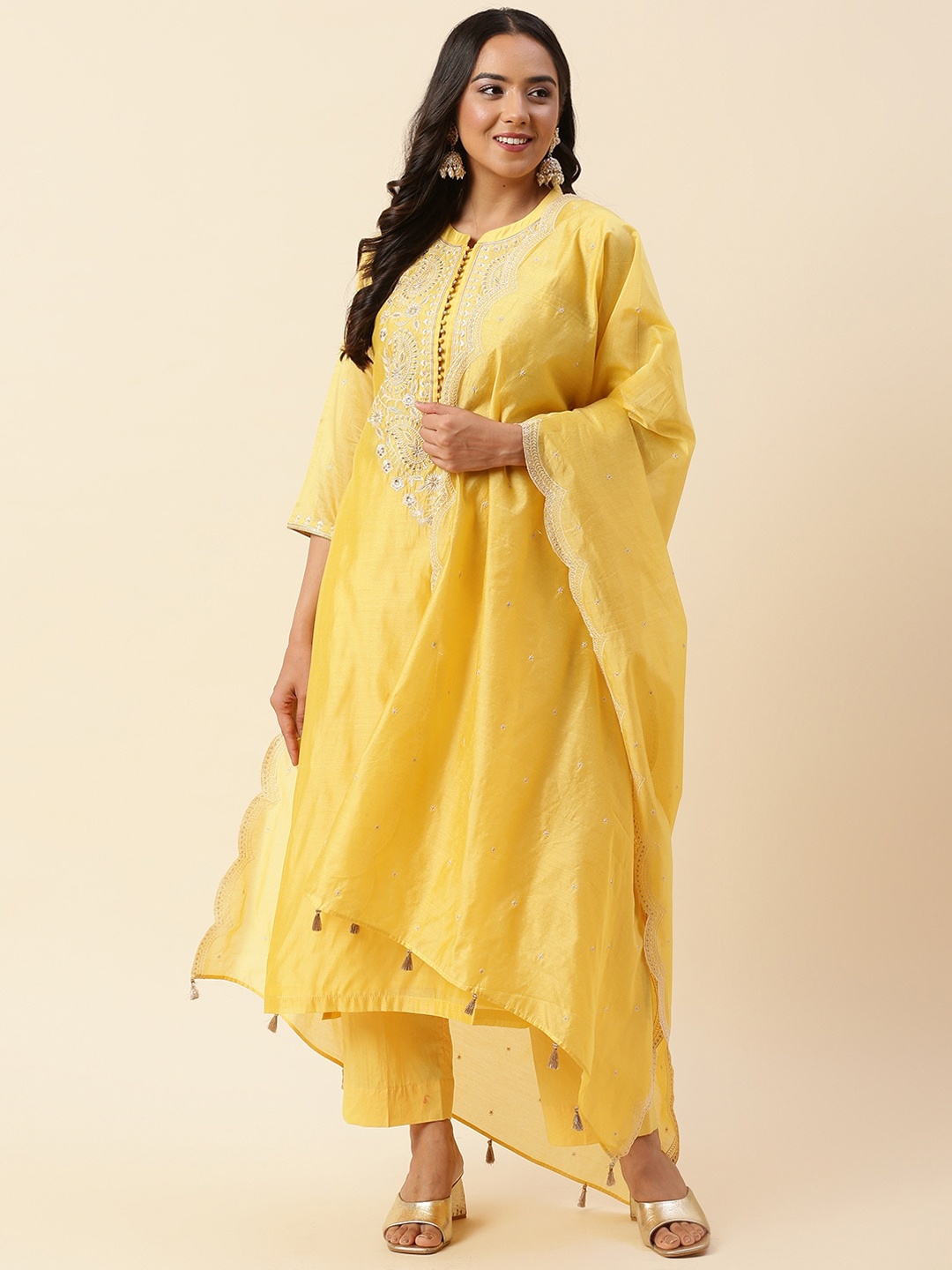 

Meena Bazaar Ethnic Motifs Embroidered Zari Straight Kurta with Trousers & Dupatta, Yellow