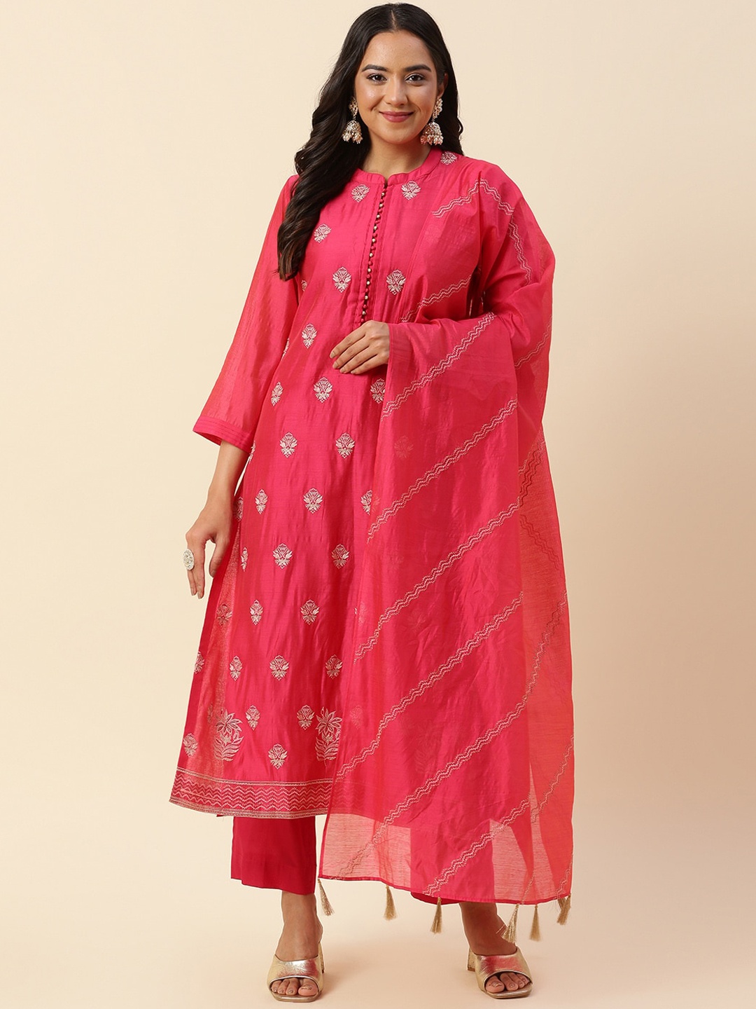 

Meena Bazaar Ethnic Motifs Embroidered Kurta with Trousers & Dupatta, Coral