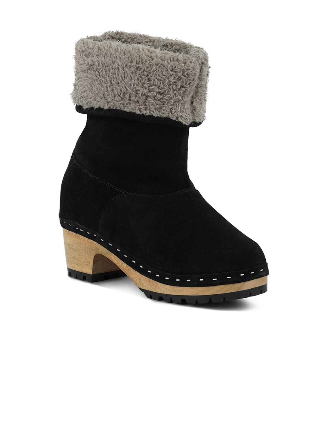 

RAG & CO Women Fur Collared Block Heel Winter Boots, Black