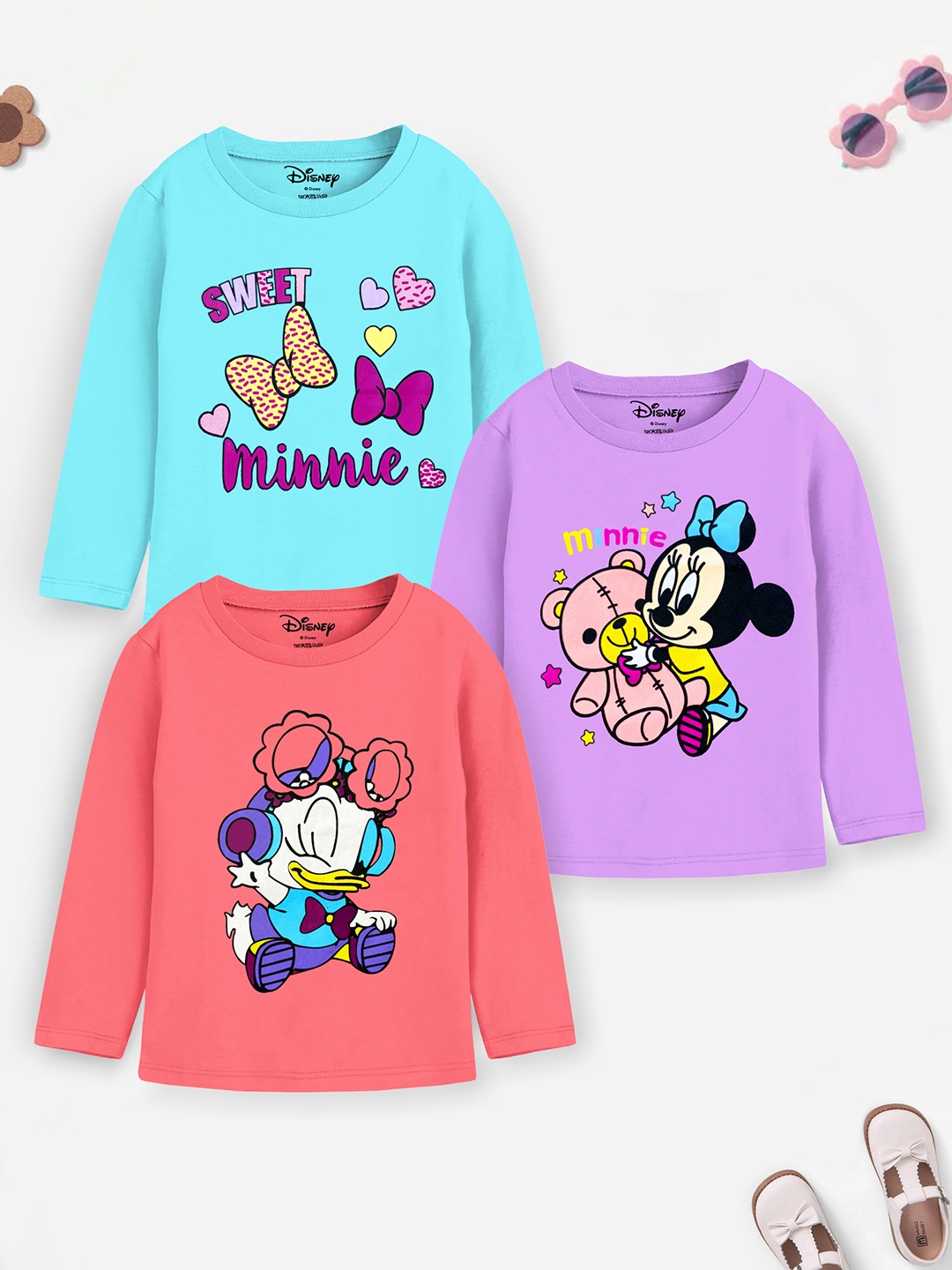 

YK Disney Girls Pack Of 3 Graphic Printed Cotton T-shirt, Pink
