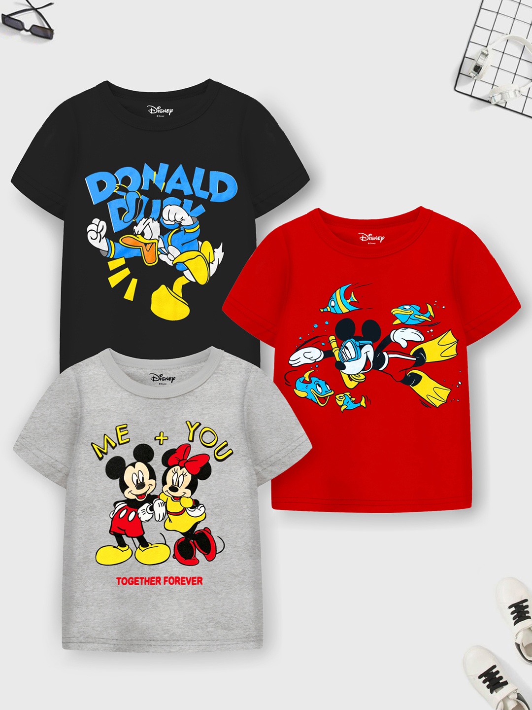 

YK Disney Boys Pack Of 3 Graphic Printed Cotton T-shirt, Grey