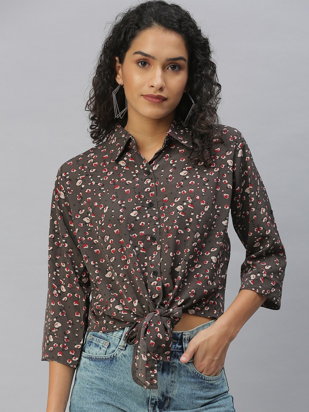 SHOWOFF Women Brown Comfort Floral Semi Sheer Printed Casual Shirt