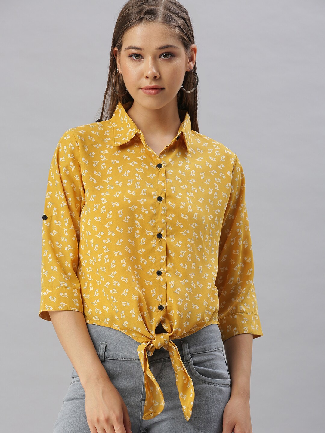 SHOWOFF Floral Printed Tie-Up Georgette Shirt, Mustard