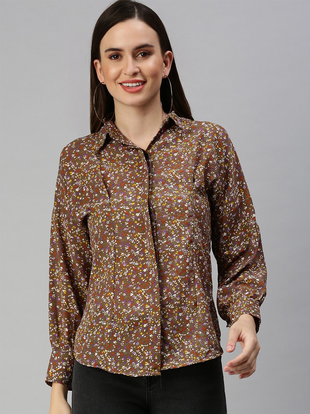 

SHOWOFF Contemporary Slim Fit floral Printed Casual Shirt, Brown