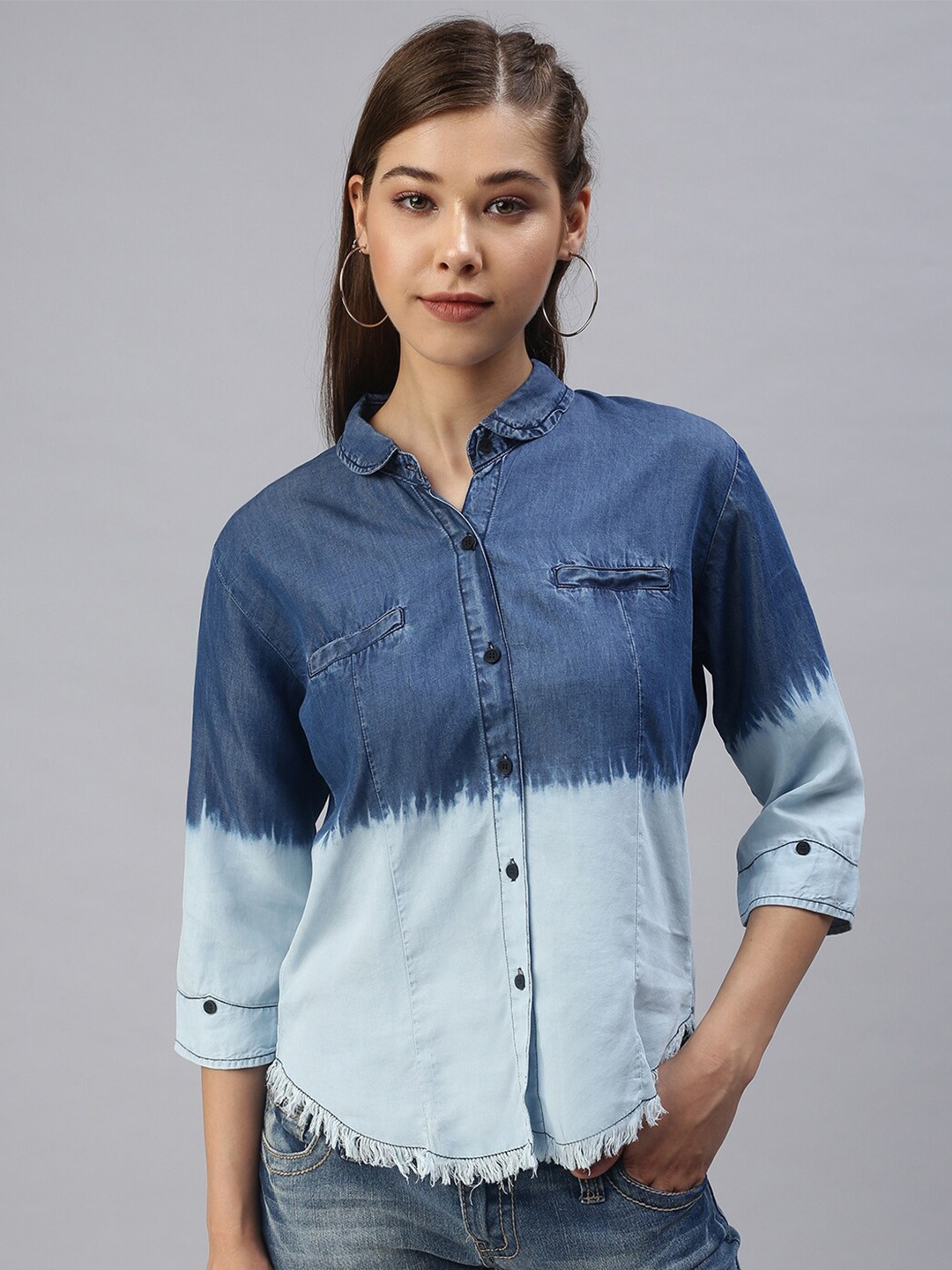

SHOWOFF Relaxed Ombre Club Collar High-Low Frayed Denim Casual Shirt, Blue